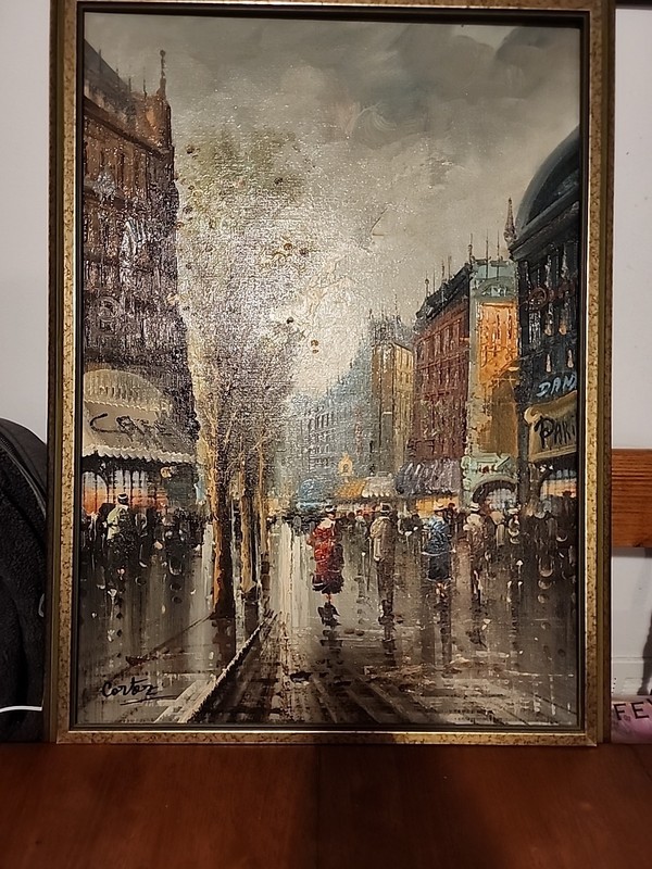 Antique Style Painting : View Of A Paris Boulevard, Oil On Canvas, Signed Cortez