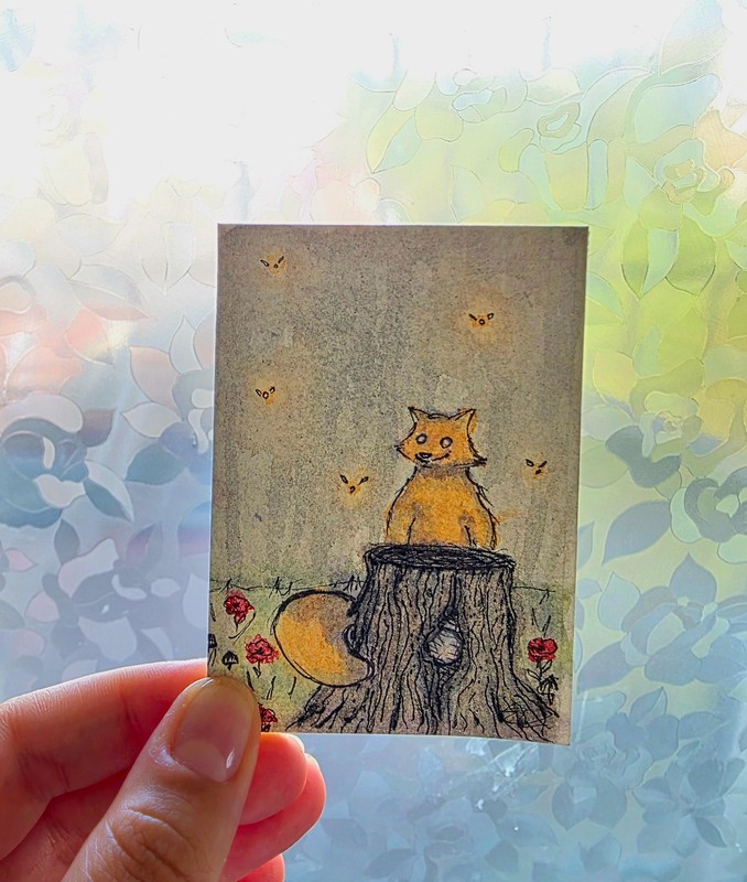 Aceo original by Eva watercolor Forest Friends 3of4 Cryptid Eye Tree Fox