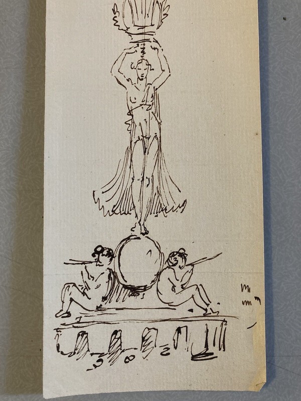 Very Beautiful Drawing Wash 18th Angel Cherub Woman Architecture Ancient Art