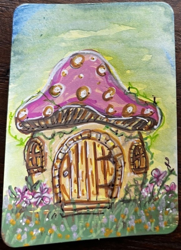 ACEO Original Whimsical Mushroom House Art Card ATC Storybook Folk Cottagecore gallery