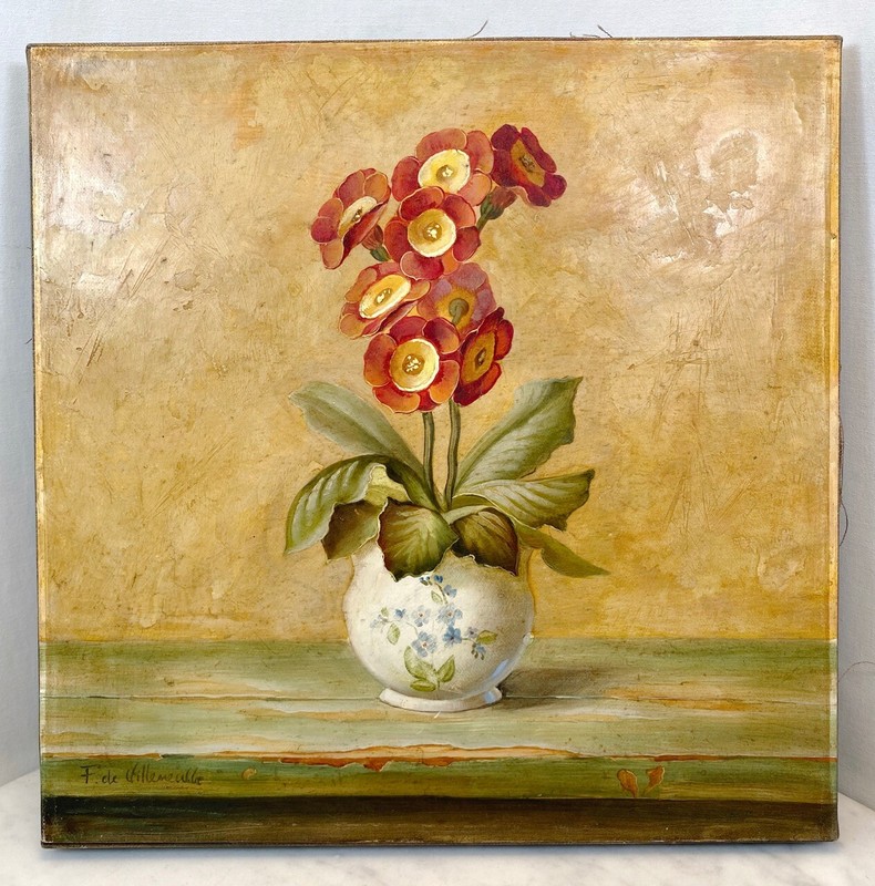 Authentic Fabrice de Villeneuve Signed Painting on Paper & Canvas. Flower Vase