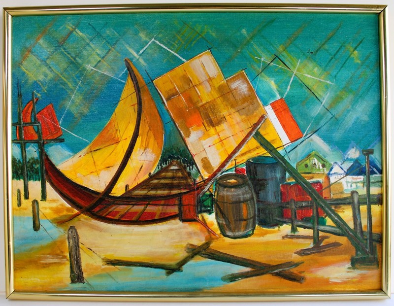 JOHN JEPSON VINTAGE OIL PAINTING CANVAS 1974 SIGNED TROPICAL JETTY ABSTRACT PORT