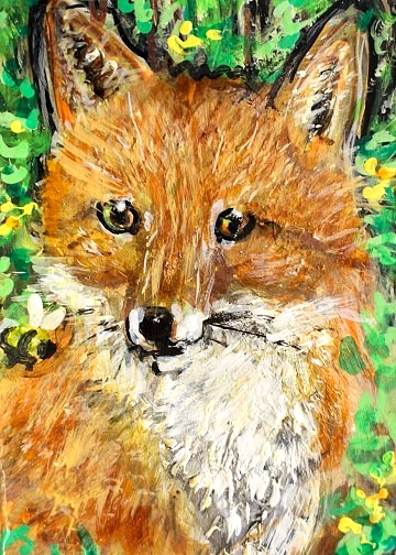 ORIGINAL ACEO Painting Red FOX Spring Flower Landscape Animal Wild Nature ART