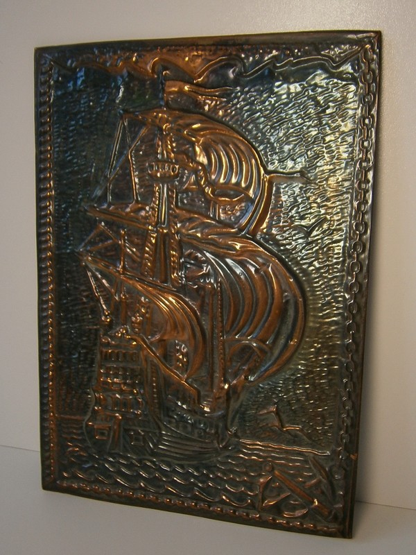 Caravel Fast Sailing Ship 77 Vtg Soviet Embossed Metal Picture Russia USSR Label gallery