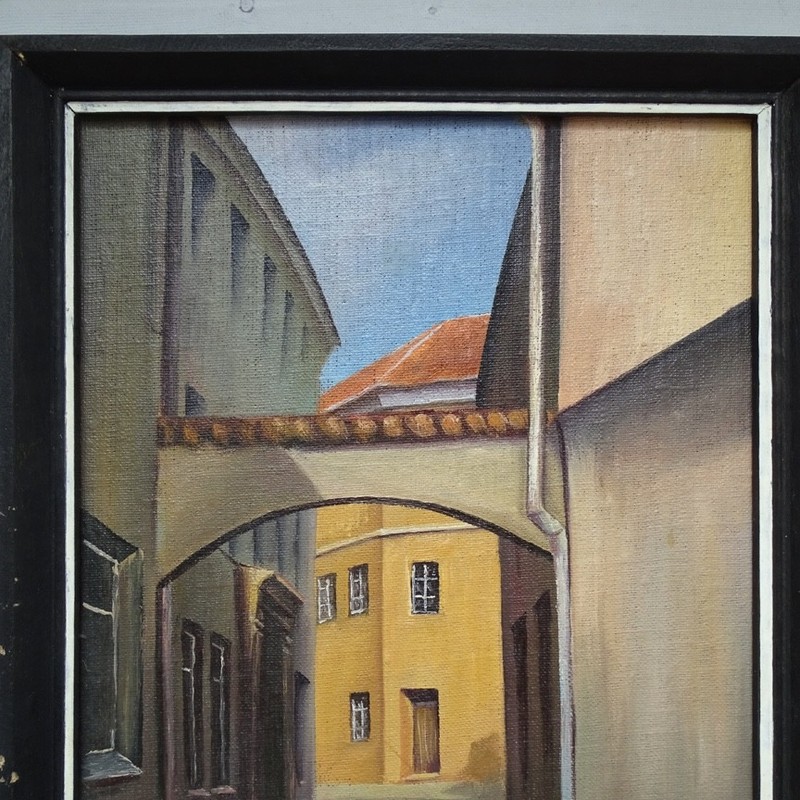 Architectural Oil Painting Old World City Street Buildings Signed MB 12.75x10.5 gallery