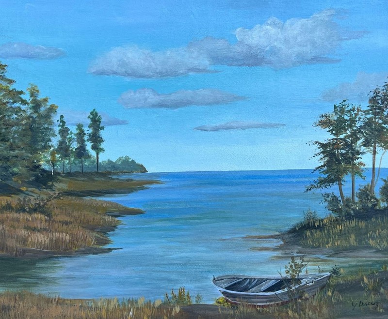 Oil Painting Rural Lake Art Landscape Row Boat Trees Clouds Signed Yvonne Diaz