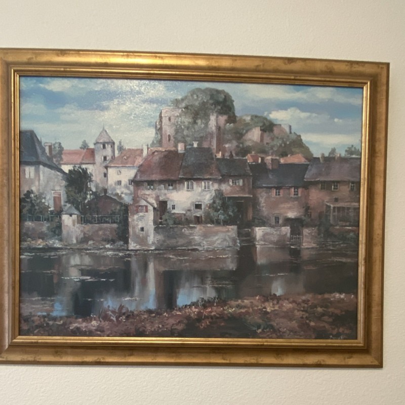 Dunay Signed Framed Impressionist Landscape Painting Village River Castle Scene