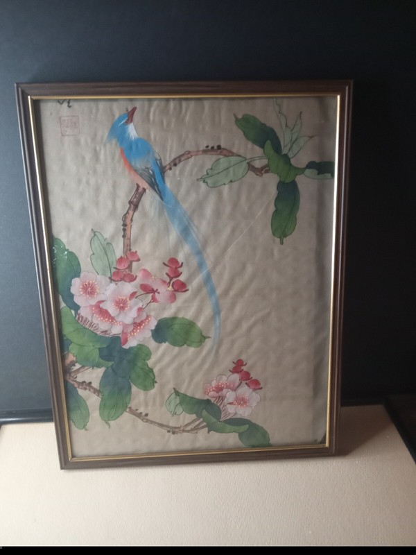 Framed Japanese Original Artwork on Rice Paper-Bird-14″ x 10″-Age unknown