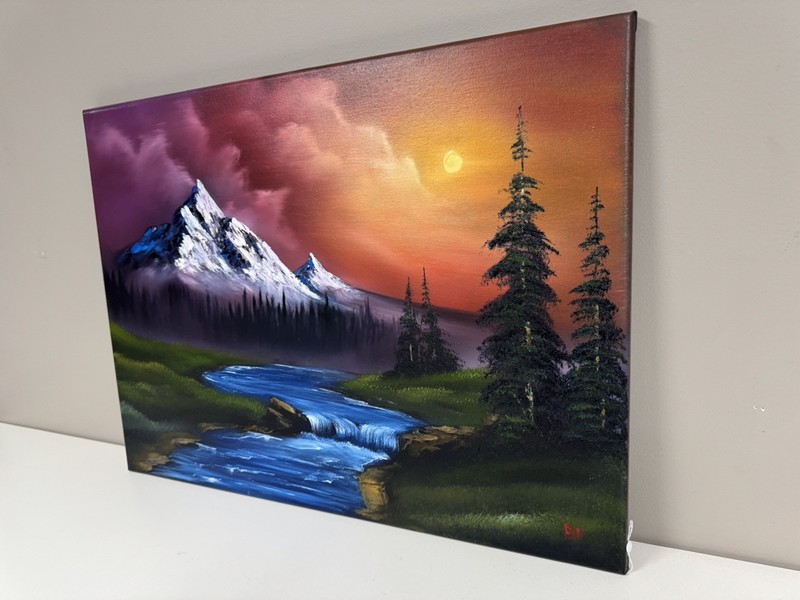 Mountain River, Original Oil Painting, Sunset, Pine Trees, 18x24” Canvas gallery