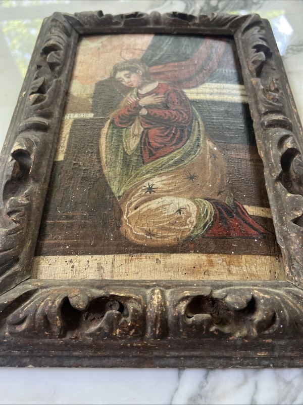 Spanish Colonial Old Master Annunciation Virgin Oil on Board, Framed Painting gallery