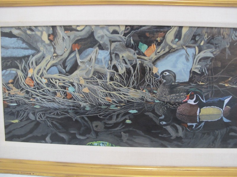 BART RULON Framed WOOD DUCKS Moody River Bird Scene Acrylic Painting gallery