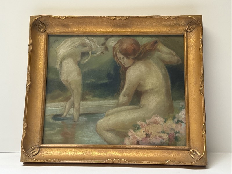 Antique Painting Drawing Women Bathing Nature Female Model Woman Landscape
