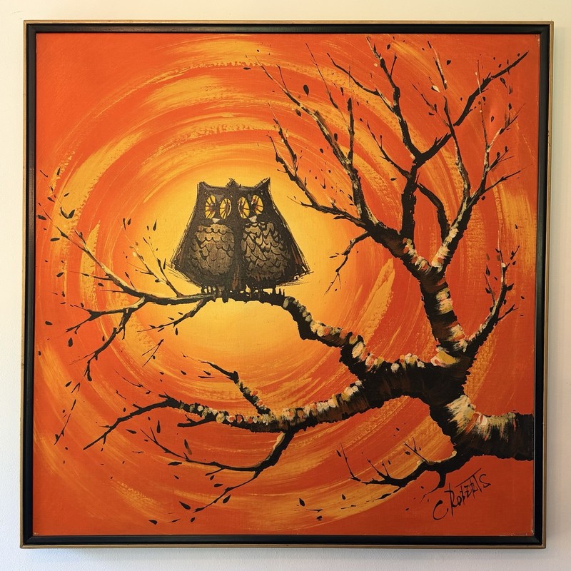 Vintage C. Roberts Original Owl Painting 37×37 Signed MCM Orange Wall Art Framed