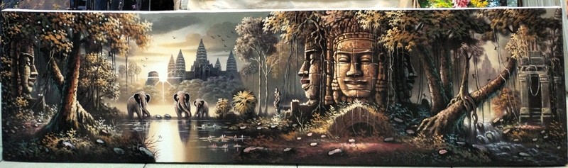 Wall Decoration of Angkor Wat Temple Oil Painting Signed 40cm x 150cm gallery