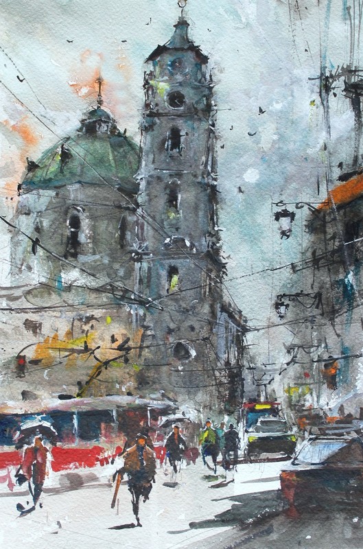 ORIGINAL PAINTING WATERCOLOR PRAGUE CITYSCAPE SAN’T NICHOLAS TOWER CHURCH 16x9in