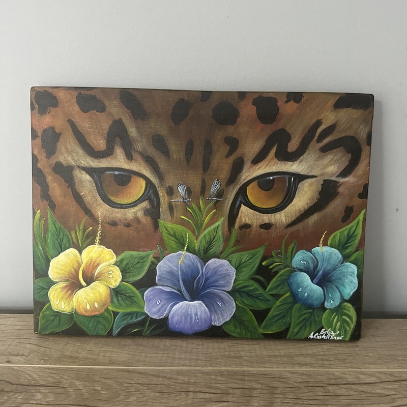 LEOPARD EYES Bengal Dragonfly Flowers ORIGINAL ART HAND PAINTED Canvas BRAZIL