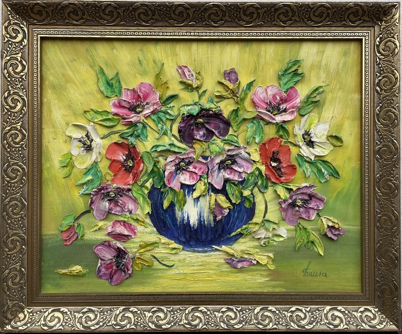 Unknown Expressionist Flower Still Life Oil Painting Impasto Vintage 59X49Cm