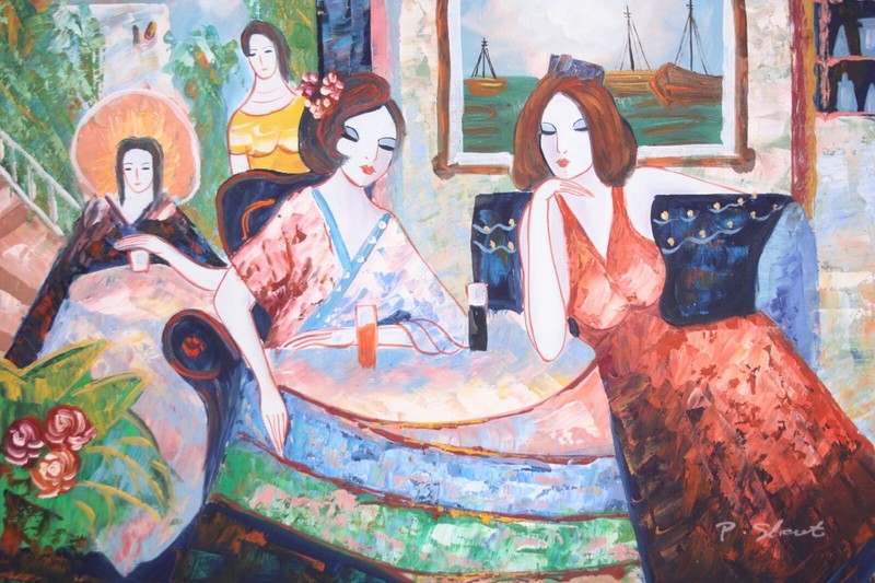 Modern Impressionism Signed P. Sloot Acrylic 24x27 Painting Ladies Tea Cocktails gallery