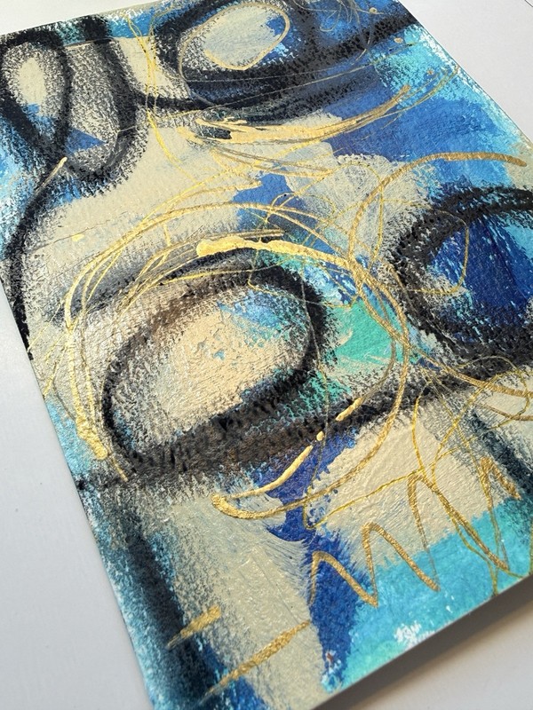 Original Abstract Mixer Media 7”x5” Painting Office Decor Blue Black Gold Art gallery