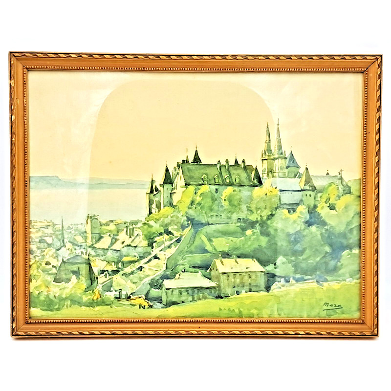 Neuchâtel Castle Switzerland-Water Color Painting-Maza - 17in x1 3 In -Framed gallery