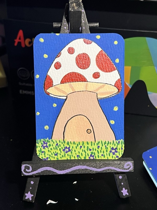 ACEO Original Acrylic Painting by Sillylilshop MDR Art Card Mushroom House