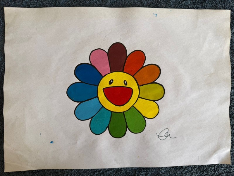 TAKASHI MURAKAMI drawing and painting on old paper signed stamped vintage