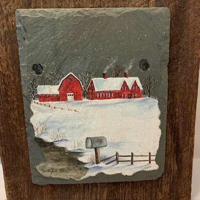 VTG Art Painting Red Barn Wood Slate Farmhouse Cottage Lodge Rustic OOAK USA gallery