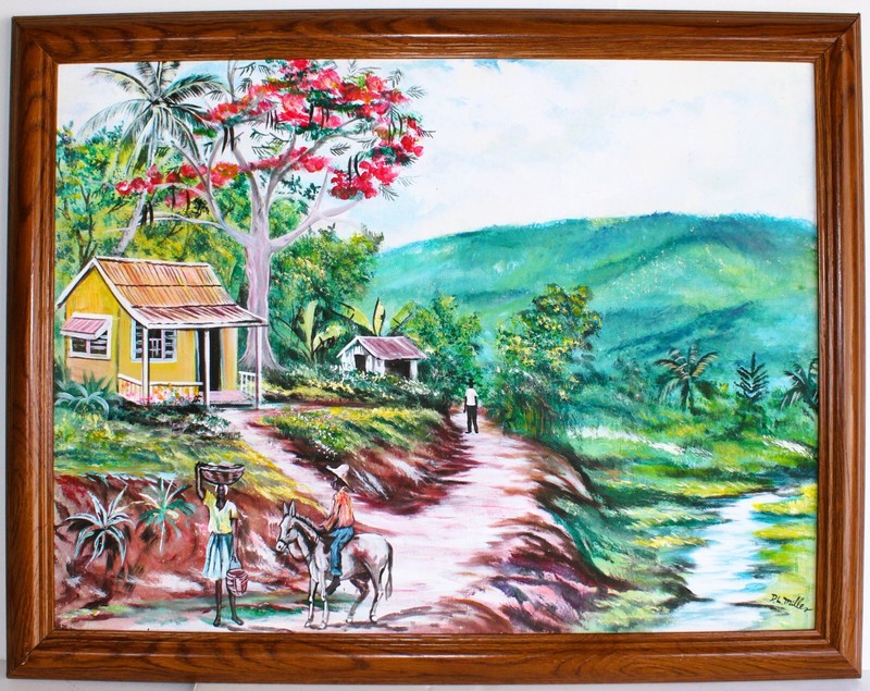 D L MILLER VINTAGE OIL PAINTING CANVAS SIGNED VILLAGE COUNTRYSIDE SCENE FOLK ART