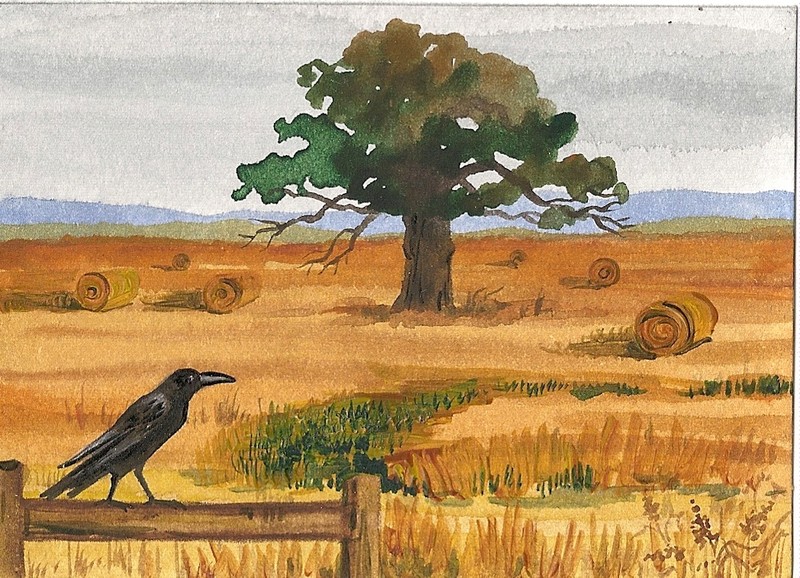 ACEO PRINT OF PAINTING ART RAVEN CROW RYTA OAK FARM LANDSCAPE HALLOWEEN FOLK HEY