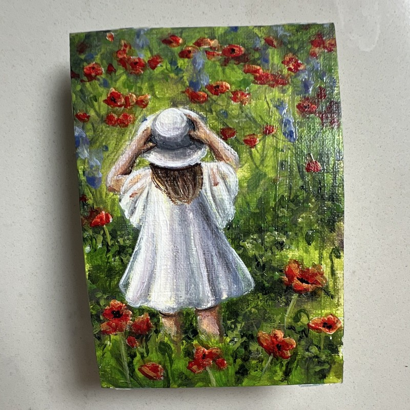 Hendrick Signed Original OOAK ACEO Girl in Flower Poppy Field Mini Art Painting