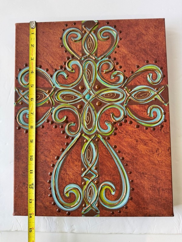 Canvas Painting Acrylic Art Cross Aqua / Copper / Gold - 11 x 14 x 1-1-3/4" gallery