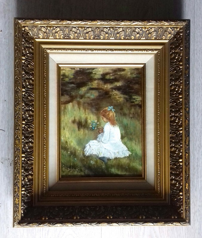 Vintage Impressionist Oil Painting of a Young Girl Picking Flowers 13×15 Signed