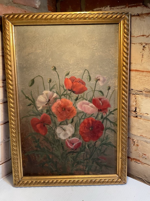 ANTIQUE 19th CENTURY AMERICAN FOLK ART POPPY OIL PAINTING – FW DEVOE 21”x 14”