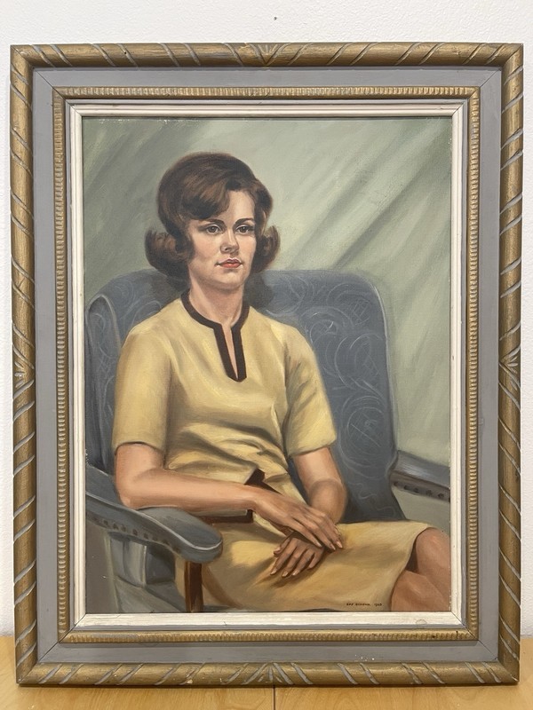Mid Century Oil Painting Female Portrait Signed Kay Schenk 1963 VTG Framed 24×30