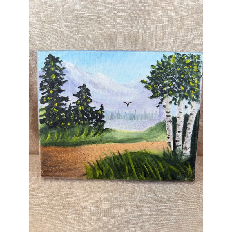Original Mountain Landscape Painting Birch Trees Evergreens 8×10 Canvas Art