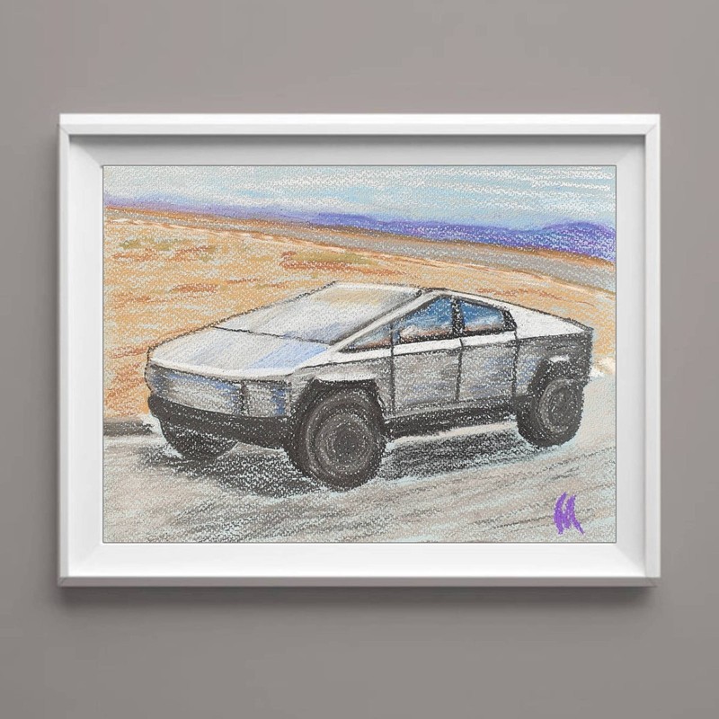 Tesla Cybertruck Painting Original Art Electric Truck Wall Decor Pastel Sketch
