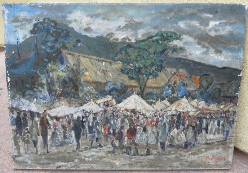 Vintage Indonesian art market painting 1962 by Muslim Saleh 1927-