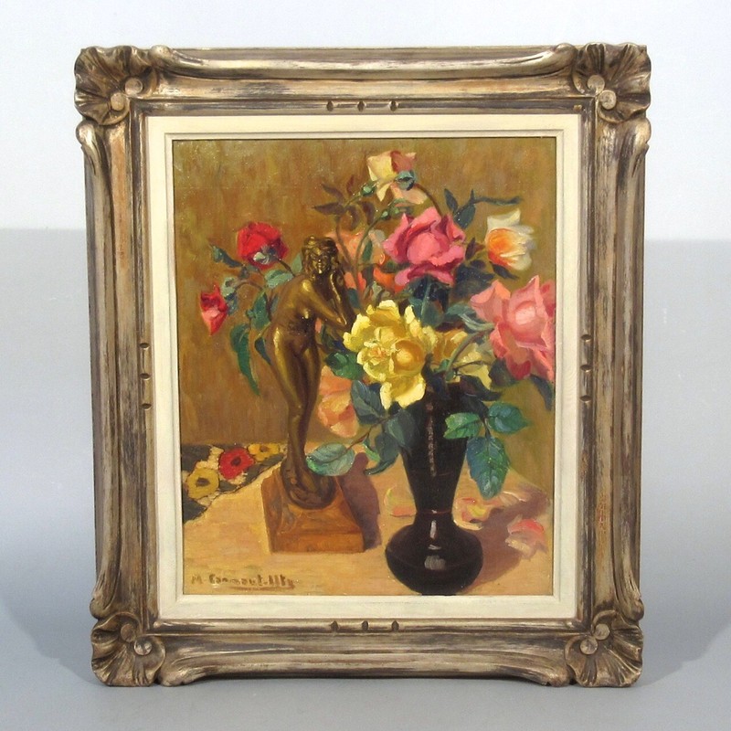 Micheline Cannaut-Utz, Vintage French Oil Painting, Bouquet of Roses, Woman