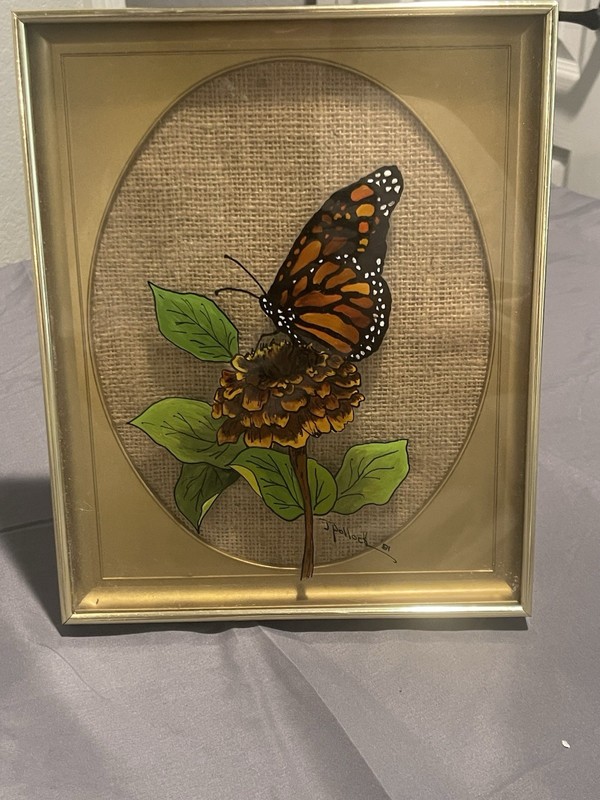 Vintage 1981 Reverse Glass Butterfly Painting Burlap Framed Art Pollock