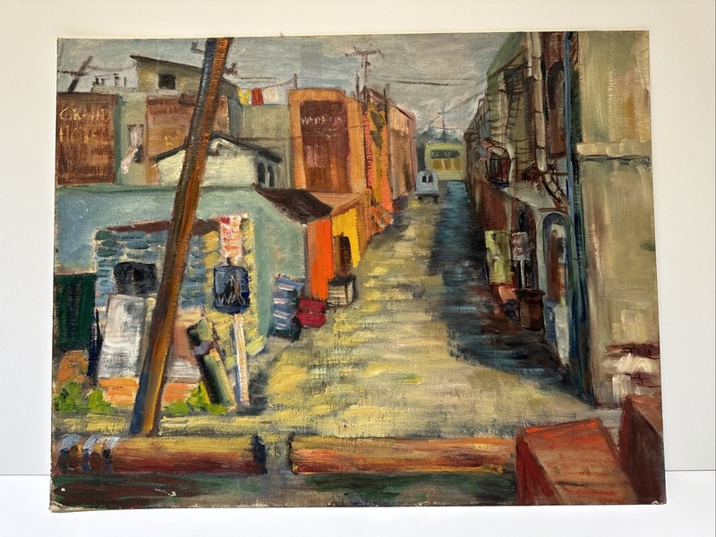 ANTIQUE WPA PAINTNG URBAN AMERICAN LANDSCAPE CITY STREETS TENEMENTS LARGE OIL