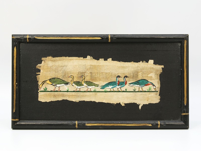 Vintage Egyptian Artwork "Meidum Geese" Papyrus Paper Painting Wood Framed 10in gallery