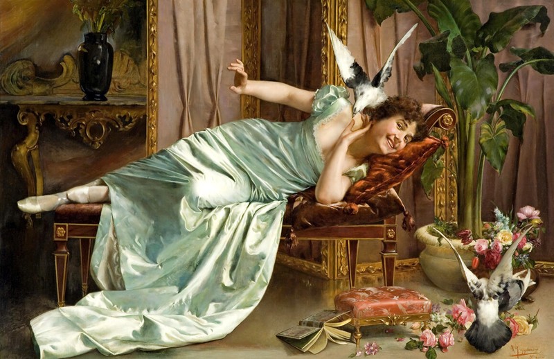 Art Giclee Printed Oil Painting Print Women playing with piges