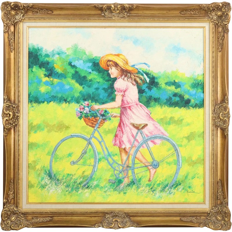 Karin Schaefers 20th C. Oil on Canvas Painting Young Girl Riding Bicycle in Fild