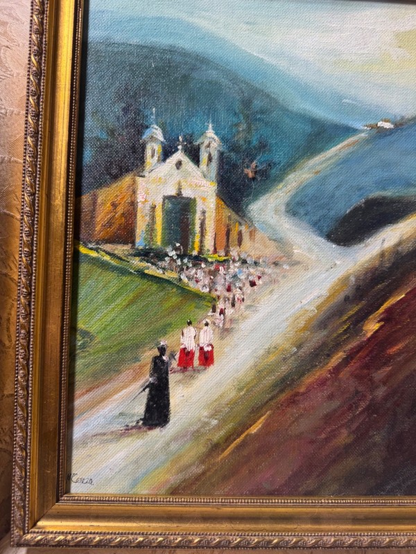 Maria Teresa Feo De Oliveira "Procession Church" Oil Painting - Signed/Framed gallery