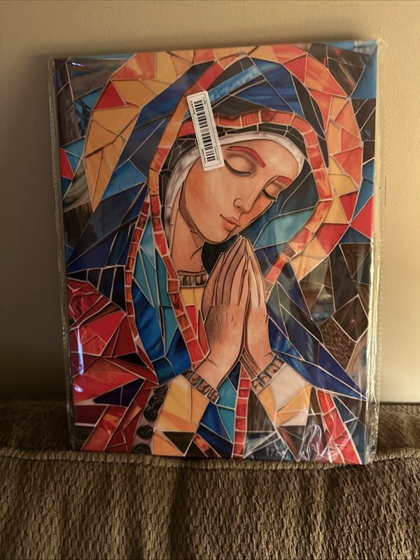 Vibrant Stained Glass Style W/Blessed Mother Canvas Art W/Wooden Frame