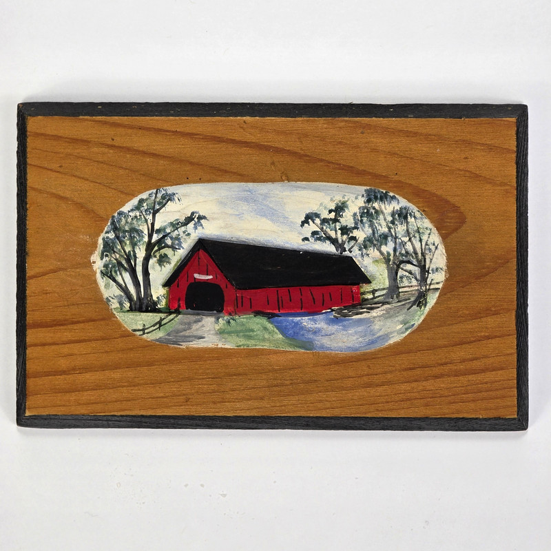 VTG Hand-Painted Carved Relief Vermont Covered Bridge Scene Signed Souvenir 6×4″