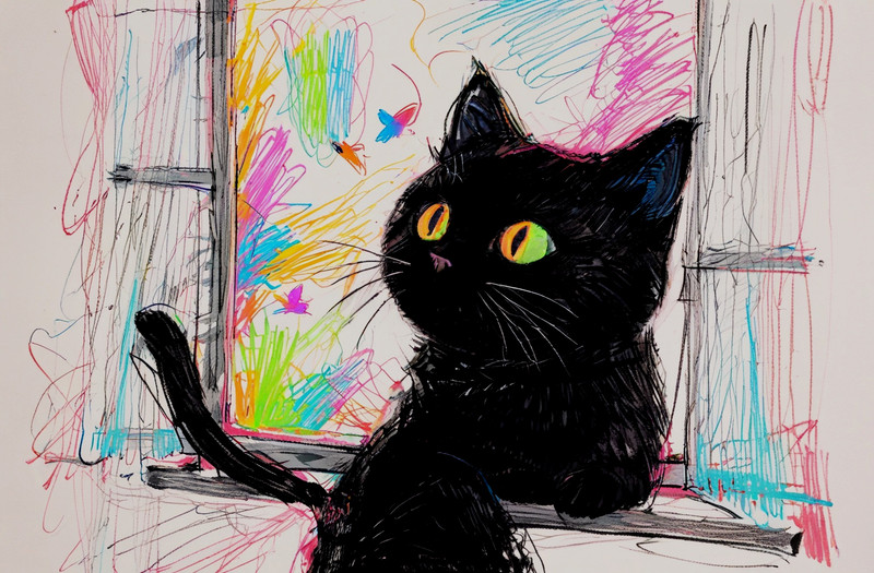 ACEO *Art Print* Black Kitty Cat Baby Kitten & Blue Pink Butterflies – Saulite