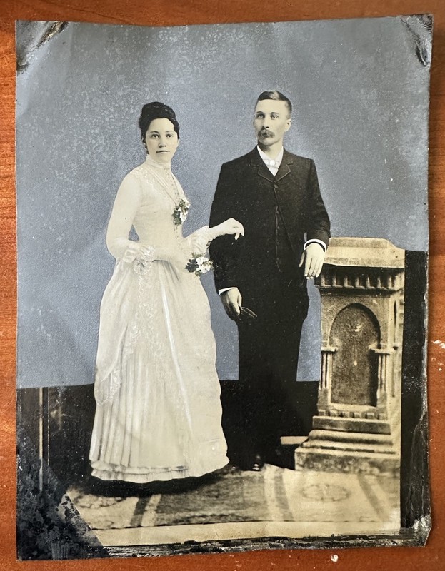 Wedding Day Large Full Plate+ Hand Painted Tintype Man & Woman Color Folk Art