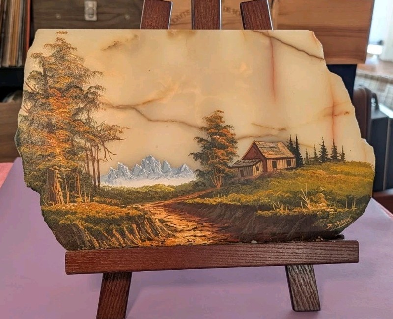 Artist Signed Oil Painting on Marble Slab Cabin In Mountains 14×8.5″ Fall Winter