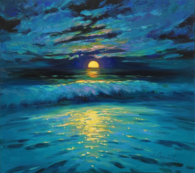 Original Oil Painting Moonlit Seascape 35x39IN Signed Canvas Art by A Onipchenko